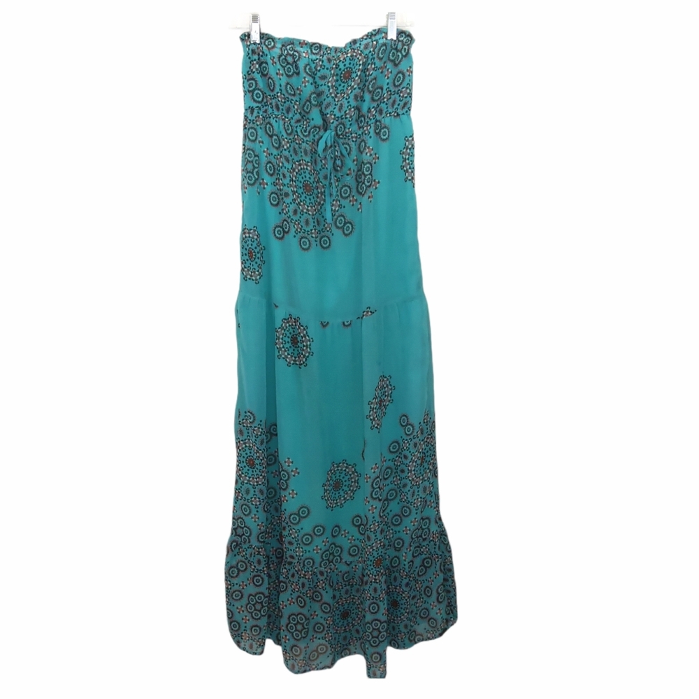 Roxy Teal Boho Strapless Maxi Tier Ruffle Dress